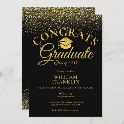 Moderne Black and Gold Glitzer Graduation Party Einladung (Vorne/Hinten)