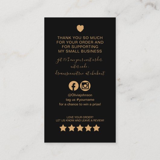 Moderne Black and Gold QR Code Order Vielen Dank Visitenkarte (Rückseite)