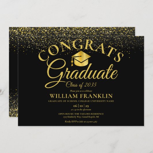 Moderne Black and Gold Script Graduation Party Einladung (Vorne/Hinten)