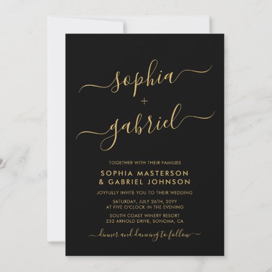 Moderne Black and Gold Script Monogram Wedding Einladung (Vorderseite)