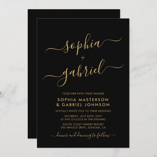 Moderne Black and Gold Script Monogram Wedding Einladung (Vorne/Hinten)
