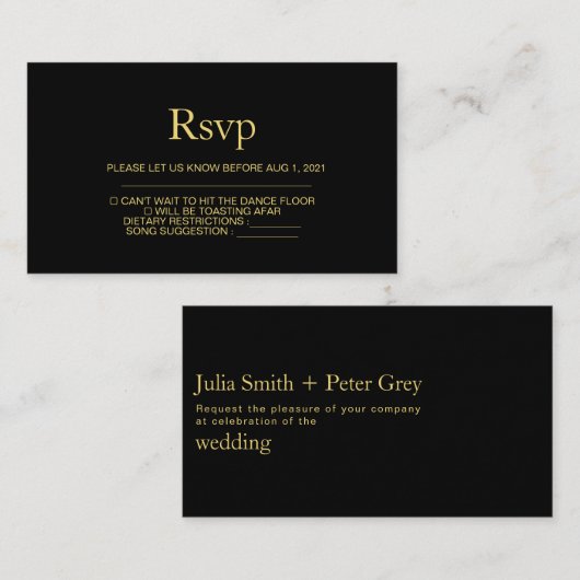 Moderne Black and Gold Wedding Rsvp Card Begleitkarte (Vorne/Hinten)