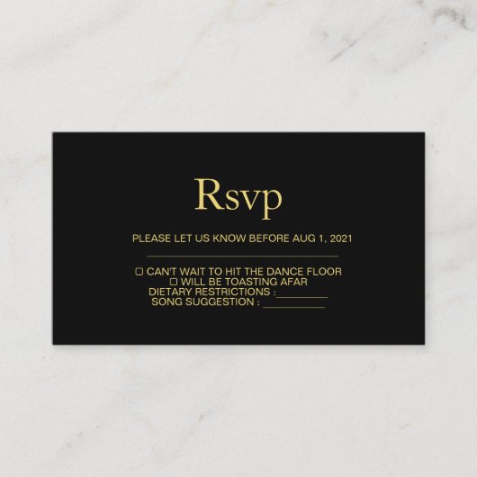 Moderne Black and Gold Wedding Rsvp Card Begleitkarte (Vorderseite)
