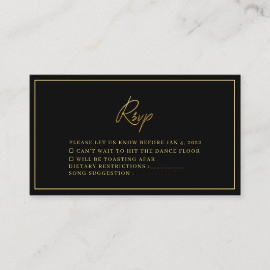 Moderne Black and Gold Wedding Rsvp Card Begleitkarte (Vorderseite)