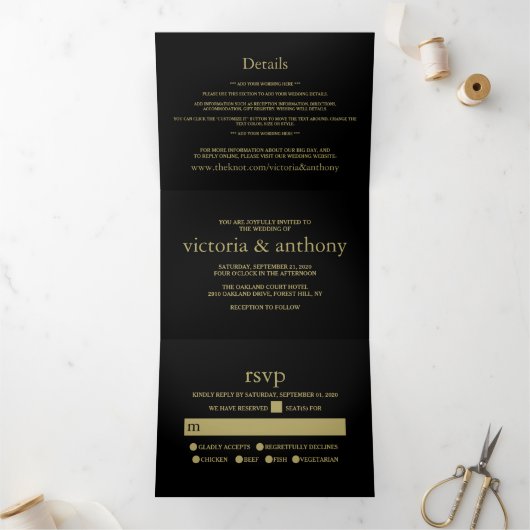 Moderne Black and Gold Wedding Suite Dreifach Gefaltete Einladung (Innenseite)