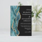 Moderne Black Aquamarin Agate Gold Glitzer Hochzei Einladung (Stehend Vorderseite)