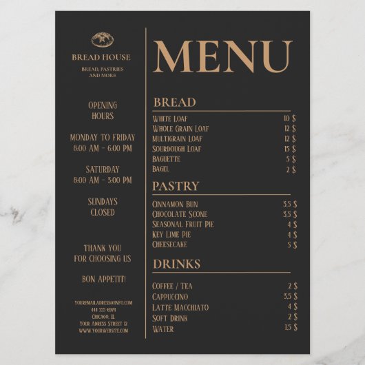 Moderne Black Bakery, Caffee Table Menu Menükarte (Vorderseite)