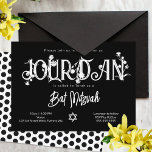 Moderne Black Bat Mitzvah Wild Blume Einladung<br><div class="desc">Diese Vintage Schwarze Fledermaus-Mitzvah-Einladung ist mit lustigen Polka-Punkten auf der Rückseite noch attraktiver. Die schöne weiße Typografie hat wilde Blume, die Sie bewegen und mit Ihrer Schrift verändern können, um dies noch einzigartiger zu machen! Botanische Kunstwerke können zusammen mit Ihrem Text farblich verändert werden. Ändern Sie einfach die Hintergrundfarbe auf...</div>
