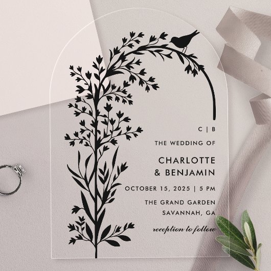 Moderne Black Bird and Branch Wedding Acryleinladungen