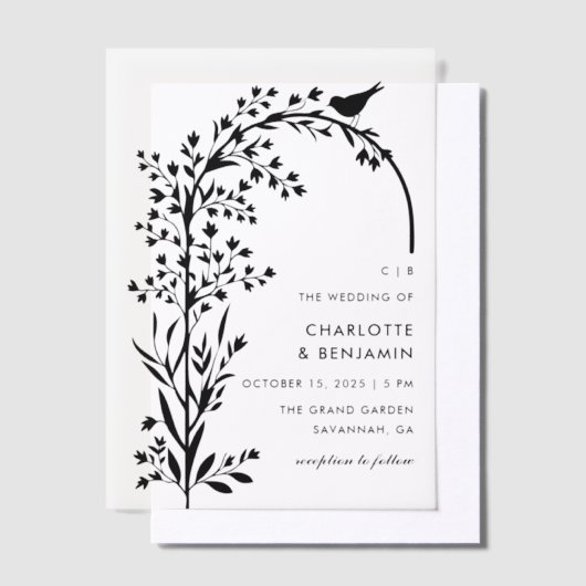Moderne Black Bird and Branch Wedding Pergament Einladungen (Versetzt)