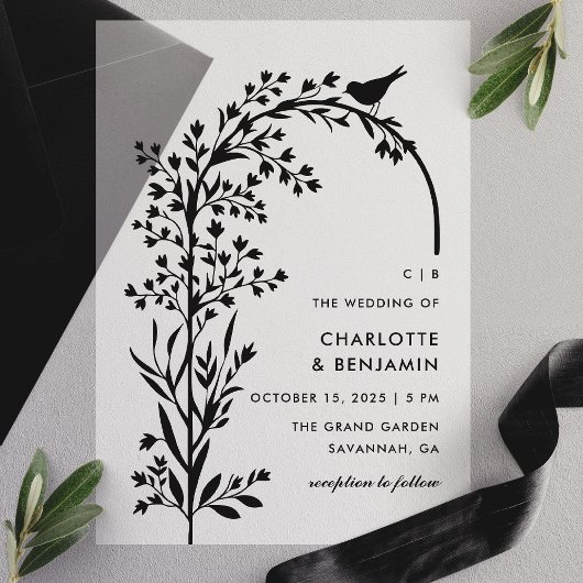 Moderne Black Bird and Branch Wedding Pergament Einladungen