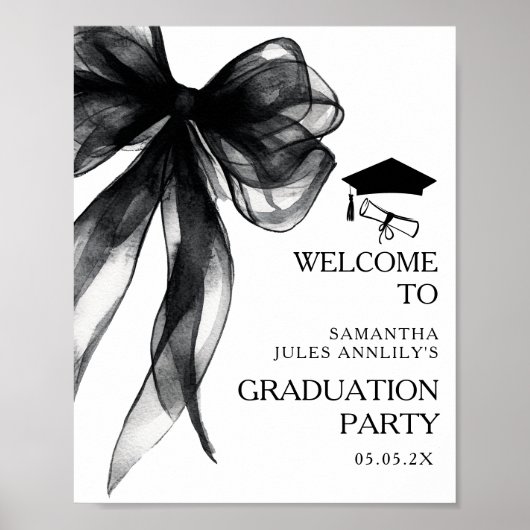 Moderne Black Bow Graduation Party Begrüßungszeich Poster (Vorne)