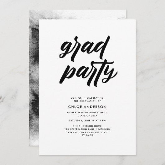 Moderne Black Brush Script Foto Graduation Party Einladung (Vorne/Hinten)