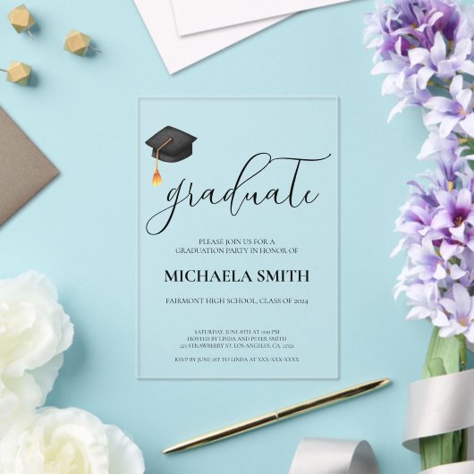 Moderne Black Cap High School Graduation Party Acryleinladungen (In Situ (Hochzeit))