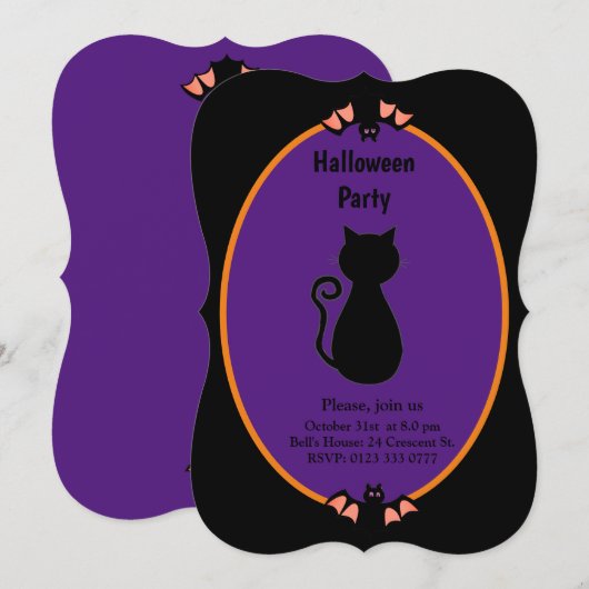 Moderne Black Cat & Bats Halloween Einladung (Vorne/Hinten)