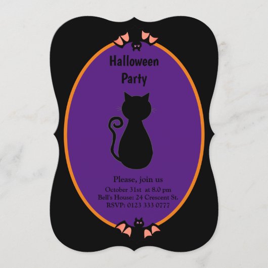Moderne Black Cat & Bats Halloween Einladung (Vorderseite)