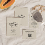 Moderne Black Cream Retro Whimsical Script Hochzei Einladung<br><div class="desc">Diese Einladung ist perfekt für Ihre Hochzeit, wenn Sie nach einem einzigartigen und leicht bearbeitbaren Design suchen. Eine elegante, einfache minimalistische creme Hochzeitsvorlage Einladung. Die Einrichtung ist schlicht beige und cremig. Und schwarze Hand schrieb die Vornamen von Braut und Bräutigam und bearbeitbare Infos mit Monogramm in der Rückseite . Erschwinglich...</div>