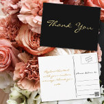 Moderne Black Elegante Imitate Gold Script Vielen  Postkarte<br><div class="desc">Erstellen Sie Ihre eigene individuelle,  personalisierte,  moderne elegante Dankeschön Postcard. Geben Sie einfach Ihre Nachricht ein / vielen Dank. Elegante Dankeschön an die Postkarte für die Verwendung bei Hochzeit,  Heiratsjubiläum,  Geburtstag,  Abschluss,  Brautparty,  Babydusche,  Feiertagen,  oder alle anderen besondere Anlass bezogenen Mailings.</div>