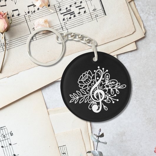 Moderne Black Floral Treble Clef Musik Schlüsselanhänger