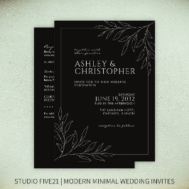 Moderne Black Foliage Kontur All-in-One Hochzeit Einladung
