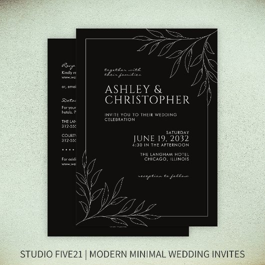 Moderne Black Foliage Kontur All-in-One Hochzeit Einladung