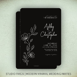 Moderne Black Foliage Kontur All-in-One Hochzeit Einladung