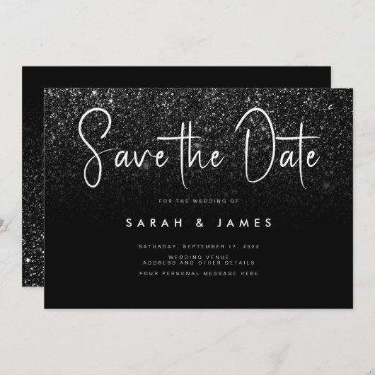 Moderne Black Glitzer Chic Wedding Save the Date (Vorne/Hinten)
