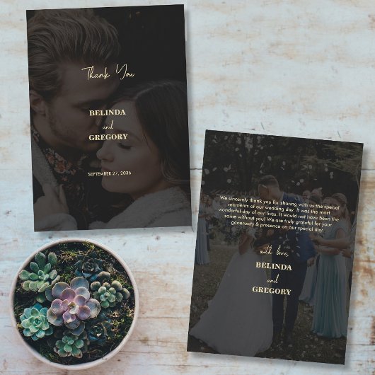 Moderne Black Gold 2 Foto Overlay-Hochzeit Dankeskarte