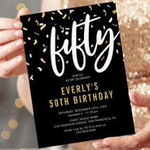 Moderne Black & Gold 50. Geburtstagsparty Einladun