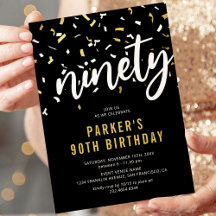 Moderne Black & Gold 90. Geburtstagsparty Einladun