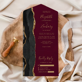 Moderne Black Gold Agate Burgundy Hochzeit All In One Einladung