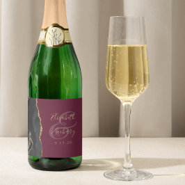 Moderne Black Gold Agate Burgundy Hochzeit Schaumweinetikett