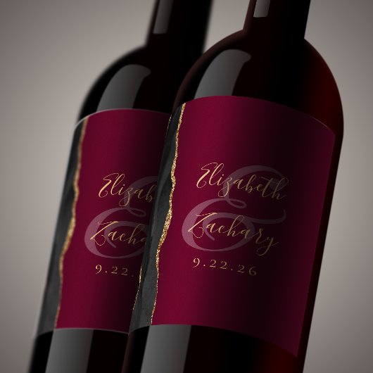 Moderne Black Gold Agate Burgundy Hochzeit Weinetikett