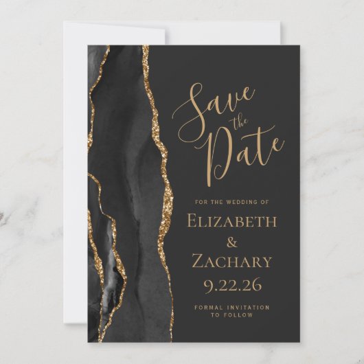Moderne Black Gold Agate Dark Save the Date Card (Vorderseite)