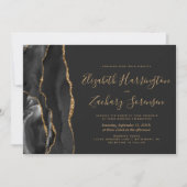 Moderne Black Gold Agate Dark Wedding Einladung (Vorderseite)