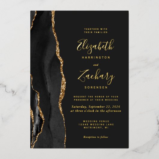 Moderne Black Gold Agate Dark Wedding Folieneinladung (Vorderseite)