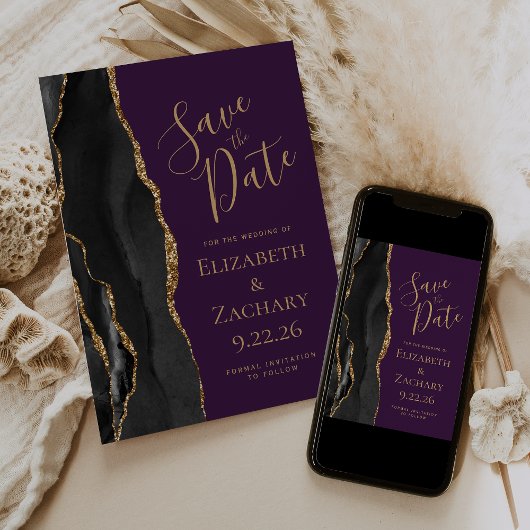 Moderne Black Gold Agate Lila Save the Date Card