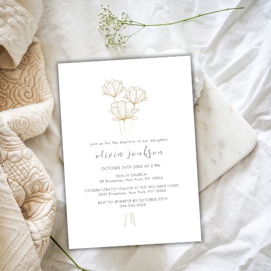 Moderne Black Gold Blume Christening Girl Taufe Einladung