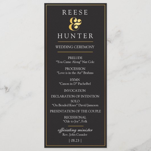 Moderne Black Gold Elegante Wedding Program Card Programm (Vorderseite)