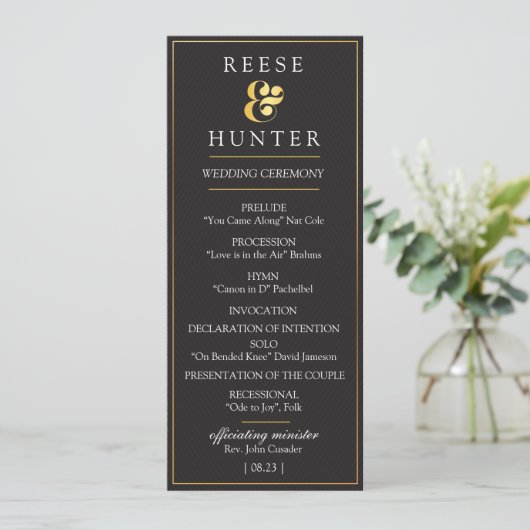 Moderne Black Gold Elegante Wedding Program Card Programm (Stehend Vorderseite)