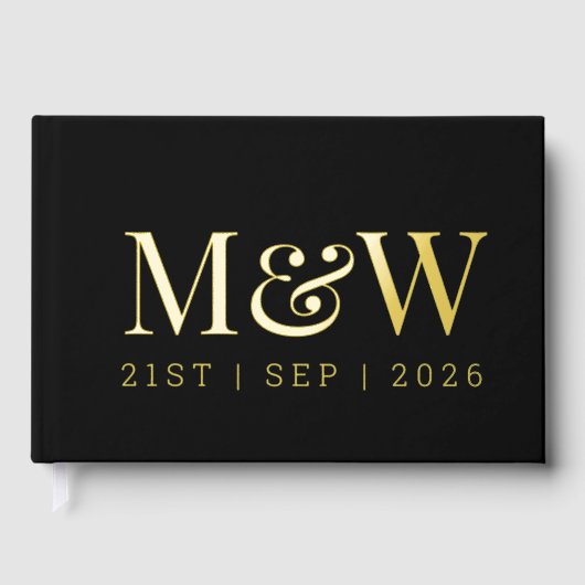 Moderne Black Gold Foil Monogramm-Initialen Hochze Gästebuch (Vorderseite)