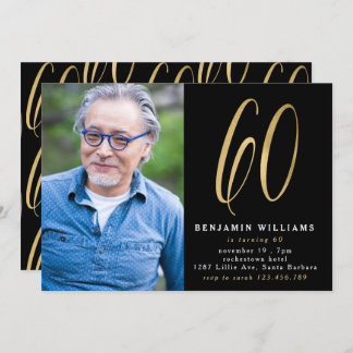 Moderne Black & Gold Foto 60. Geburtstagsparty Einladung