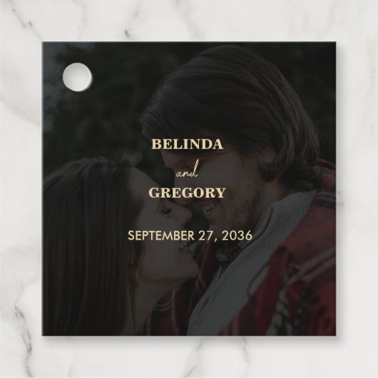 Moderne Black Gold Foto Overlay-Hochzeit Geschenkanhänger (Vorderseite)