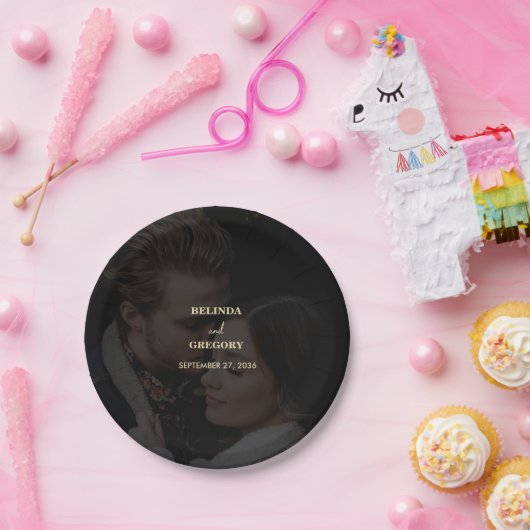 Moderne Black Gold Foto Overlay-Hochzeit Pappteller (Party)