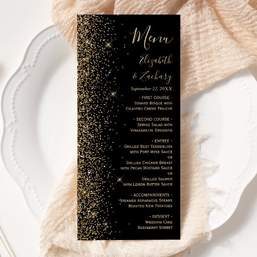 Moderne Black Gold Glitzer Edge Wedding Menükarte