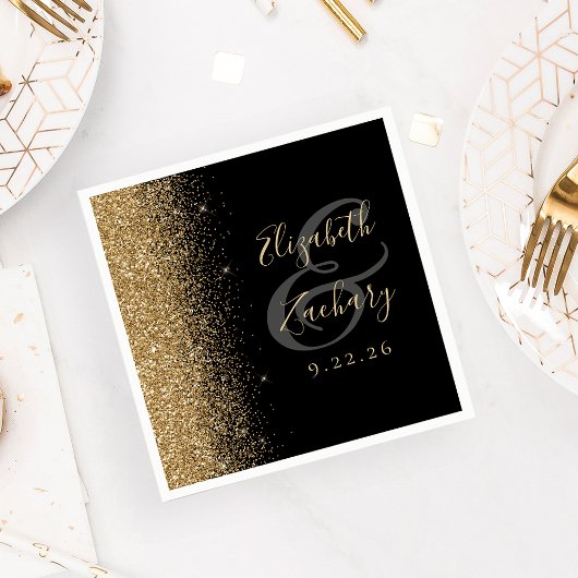 Moderne Black Gold Glitzer Edge Wedding Serviette