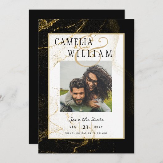 Moderne Black Gold Glitzer Hochzeit Einladung (Vorne/Hinten)
