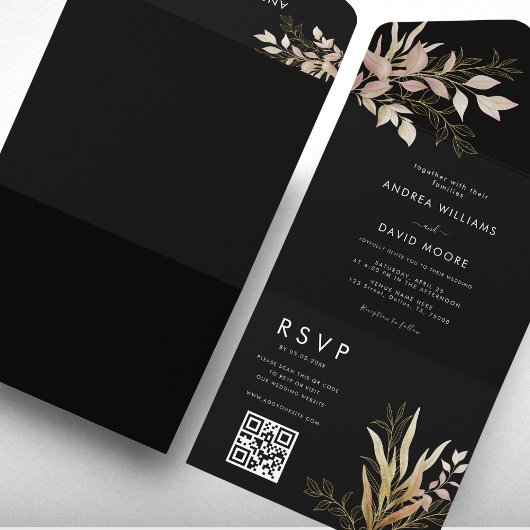 Moderne Black & Gold Greenery QR Code UAWG Wedding All In One Einladung