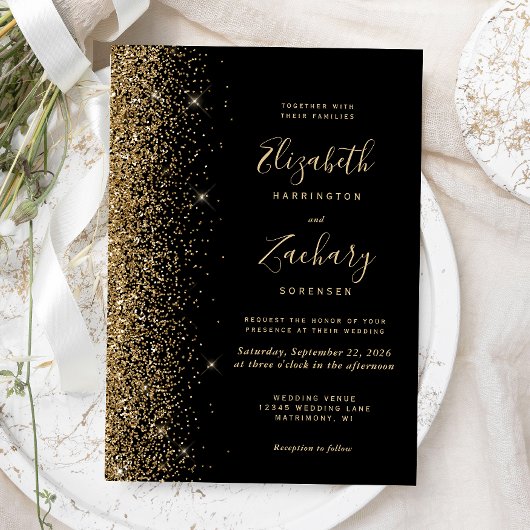Moderne Black Gold Imitate Glitzer Edge Wedding Einladung