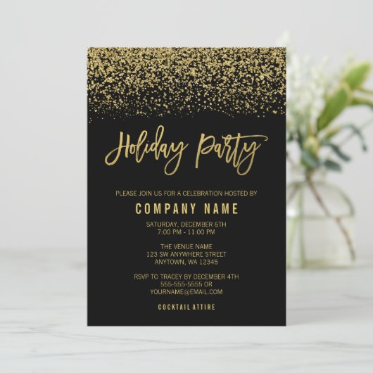 Moderne Black Gold Imitate Glitzer Holiday Party Einladung (Stehend Vorderseite)